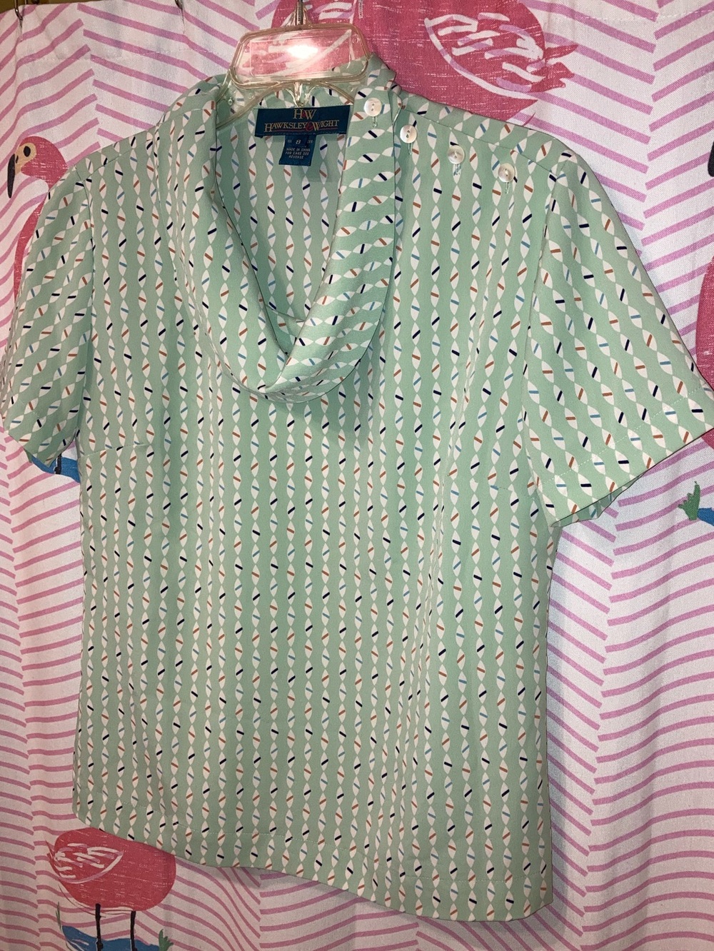 Vintage Seafoam Green Patterned Short Sleeve Blouse